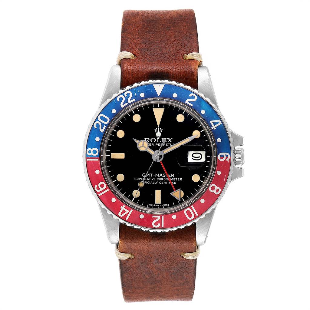 This is a front view of the Rolex Vintage Collection 1675 Men
s Stainless Steel Black Dial 1675 Men
s Stainless Steel Black Dial GMT-Master watch with a brown leather strap and a red and blue bezel.