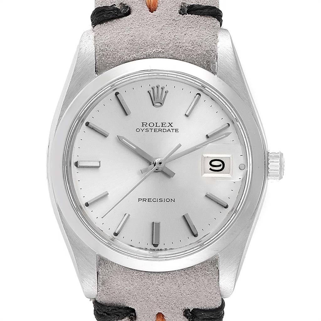 A front view of the Rolex Vintage Collection 6694 Men's Stainless Steel Silver Dial 6694 Men's Stainless Steel Silver Dial model showing the face, hands, date window, and part of the strap.