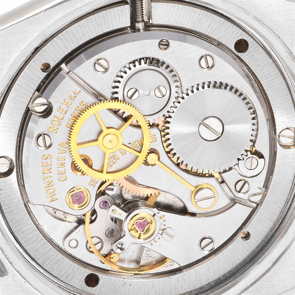 This image shows a close-up of the internal mechanical components of a Rolex Vintage Collection 6694 Men
s Stainless Steel Silver Dial 6694 Men
s Stainless Steel Silver Dial watch.