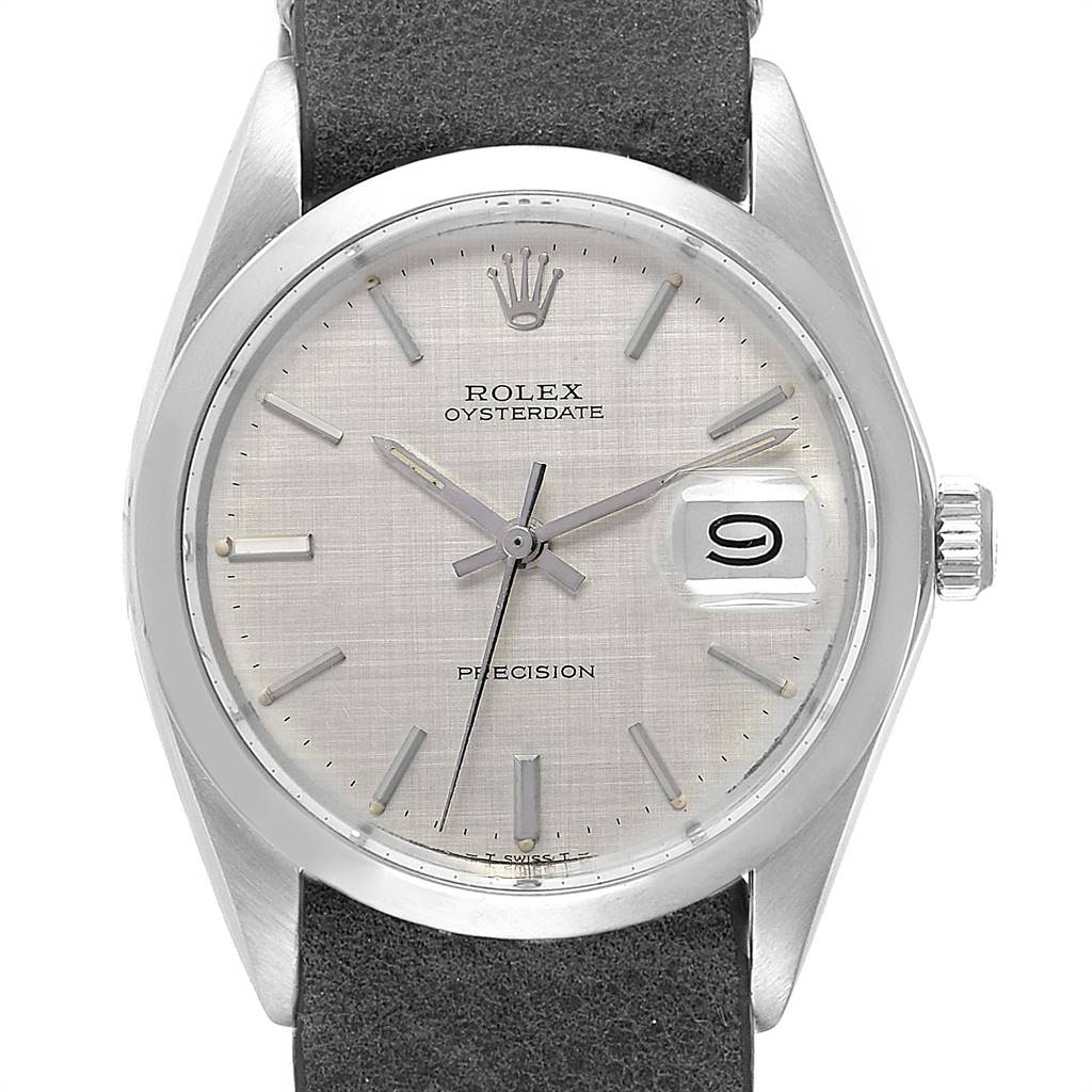 The image shows a frontal view of the Rolex Vintage Collection 6694 Men
s Stainless Steel Silver Dial 6694 Men
s Stainless Steel Silver Dial Oysterdate watch face, including the dial, hands, crown, and date window.