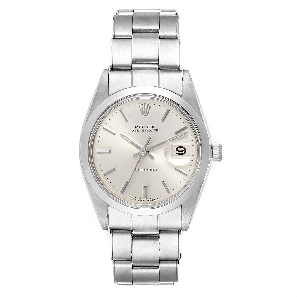 This image shows a front view of the Rolex Vintage Collection 6694 Men's Stainless Steel Silver Dial 6694 Men's Stainless Steel Silver Dial Oysterdate watch with its dial and metal bracelet clearly visible.