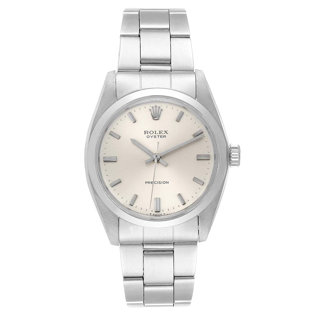 The image shows a front view of a Rolex Vintage Collection 6426 Men
s Stainless Steel Silver Dial 6426 Men
s Stainless Steel Silver Dial model, highlighting the dial, bracelet, and crown.