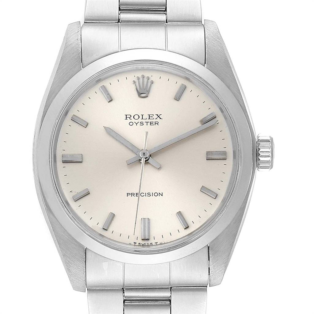 This image shows a front angle of the Rolex Vintage Collection 6426 Men
s Stainless Steel Silver Dial 6426 Men
s Stainless Steel Silver Dial model, including its dial, crown, and bracelet.