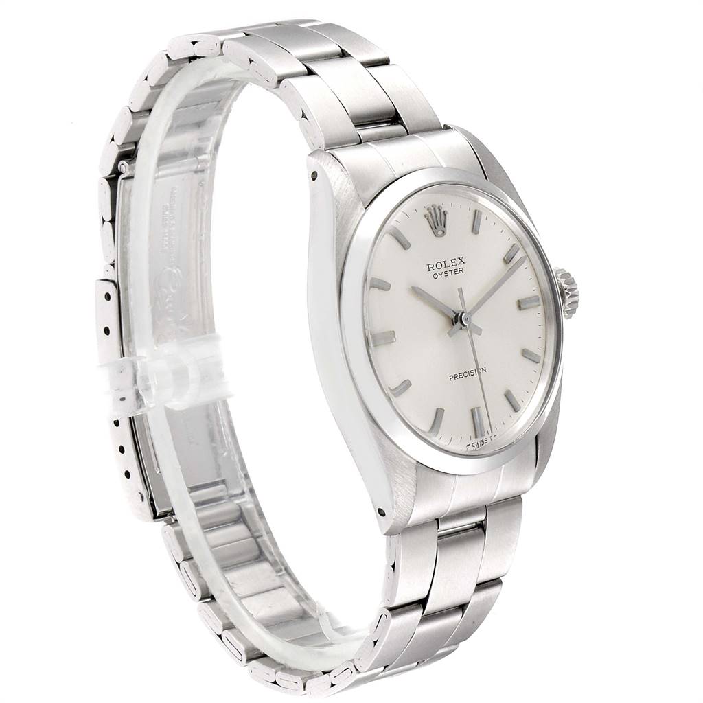 The image shows a side view of the Rolex Vintage Collection 6426 Men
s Stainless Steel Silver Dial 6426 Men
s Stainless Steel Silver Dial watch, highlighting the bracelet, case, dial, and crown.