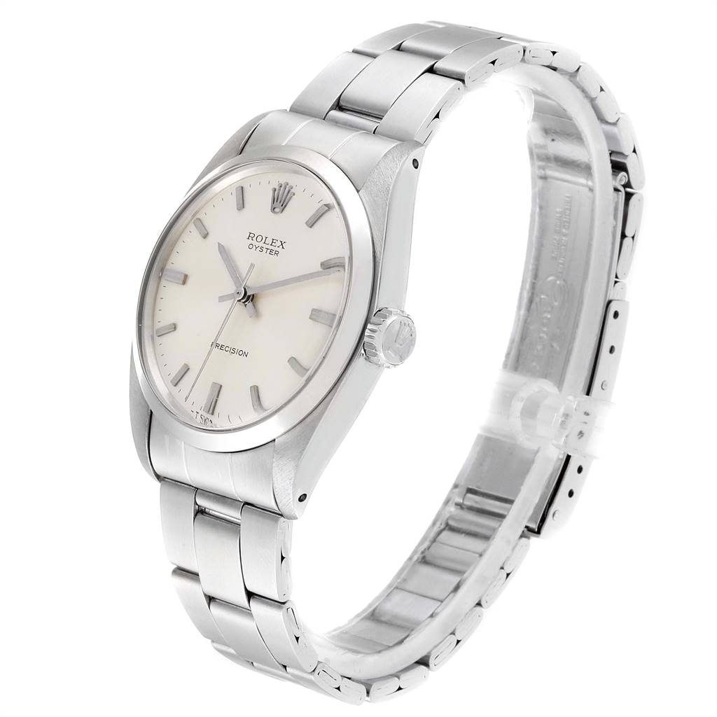 The image shows a side angle of the Rolex Vintage Collection 6426 Men
s Stainless Steel Silver Dial 6426 Men
s Stainless Steel Silver Dial watch, highlighting the face, bezel, crown, and stainless steel bracelet.