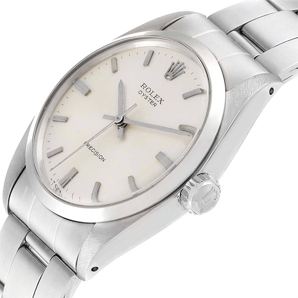 This image showcases the Rolex Vintage Collection 6426 Men
s Stainless Steel Silver Dial 6426 Men
s Stainless Steel Silver Dial model at a slight side angle, revealing the watch face, crown, and bracelet.