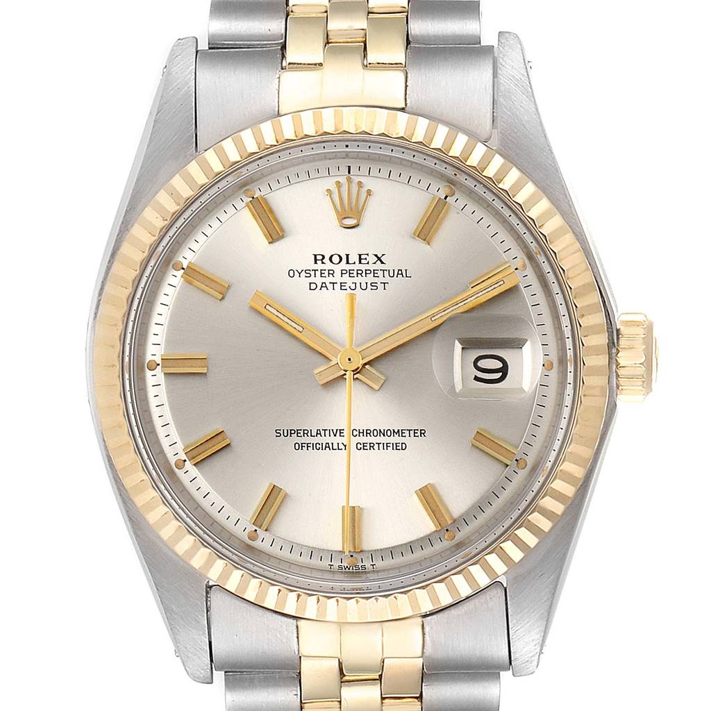 This image shows a frontal view of a Rolex Vintage Collection 1601 Men
s Stainless Steel Silver Dial 1601 Men
s Stainless Steel Silver Dial watch, featuring a silver dial, gold markers, and a two-tone bracelet.