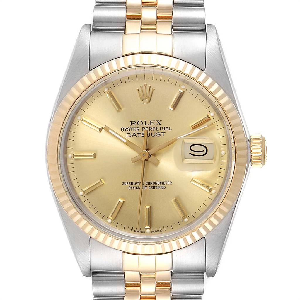 This image shows the front view of the Rolex Vintage Collection 16013 Men's Stainless Steel Champagne Dial 16013 Men's Stainless Steel Champagne Dial Oyster Perpetual Datejust watch, highlighting its dial and bracelet.