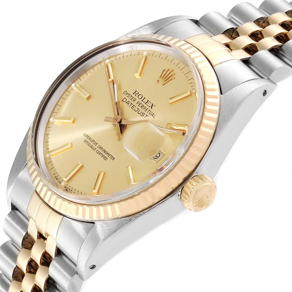 The image shows a close-up, angled view of a Rolex Vintage Collection 16013 Men's Stainless Steel Champagne Dial 16013 Men's Stainless Steel Champagne Dial Datejust, highlighting its dial, bezel, crown, and bracelet.