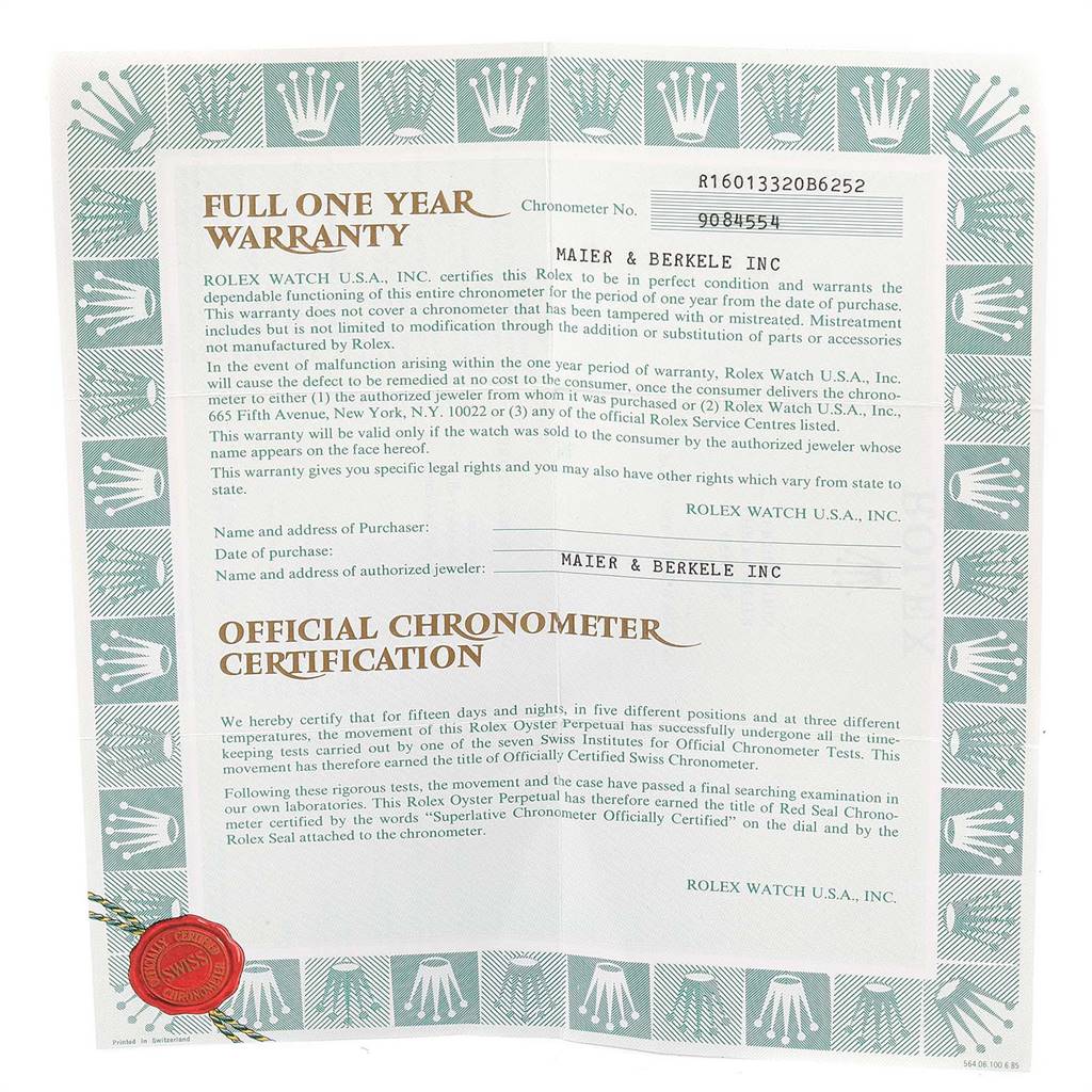 This image shows a full warranty and official chronometer certification document for a Vintage Collection model by Rolex.