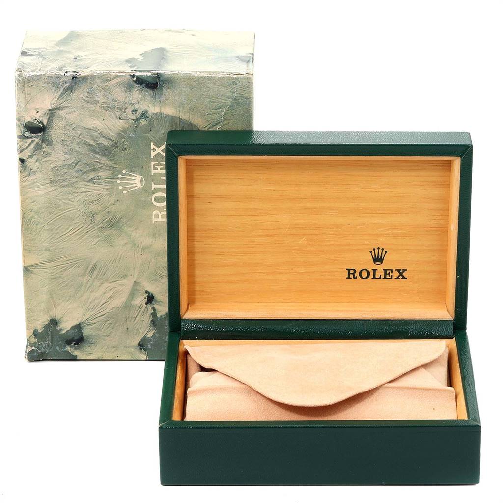 This image shows an open Rolex Vintage Collection 1501 Men's Stainless Steel Grey Dial 1501 Men's Stainless Steel Grey Dial watch box with its outer packaging visible in the background.