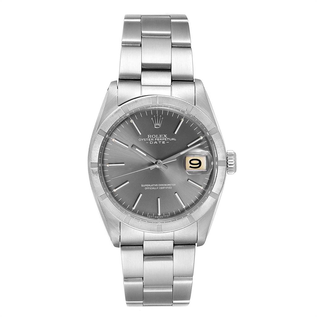 The image shows a front view of the Rolex Vintage Collection 1501 Men's Stainless Steel Grey Dial 1501 Men's Stainless Steel Grey Dial Oyster Perpetual Date watch, featuring the face, bracelet, and crown.