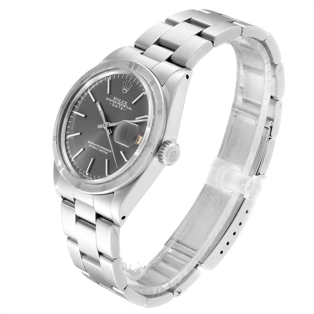 The image shows an angled view of a Rolex Vintage Collection 1501 Men's Stainless Steel Grey Dial 1501 Men's Stainless Steel Grey Dial watch, highlighting its face, bezel, crown, and stainless steel bracelet.