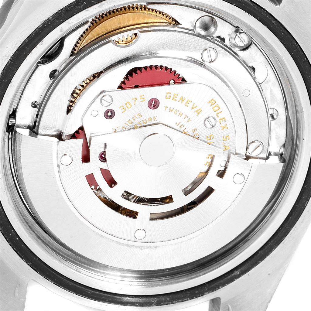 The image shows the detailed mechanism of the Rolex Vintage Collection 16750 Men
s Stainless Steel Black Dial 16750 Men
s Stainless Steel Black Dial watch, specifically the internal movement from the back view.