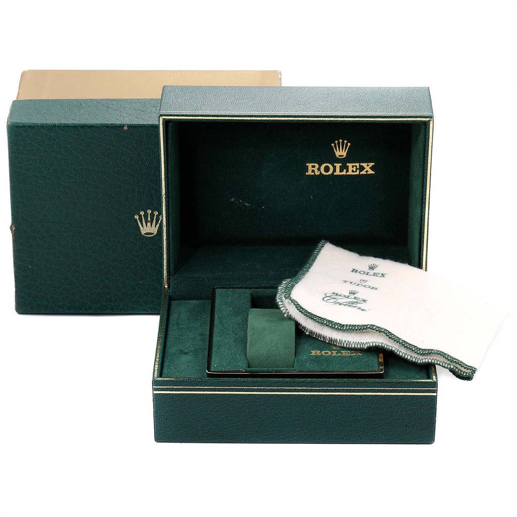 The image shows an open Rolex Vintage Collection 16750 Men
s Stainless Steel Black Dial 16750 Men
s Stainless Steel Black Dial watch box, including a cleaning cloth and cushion.