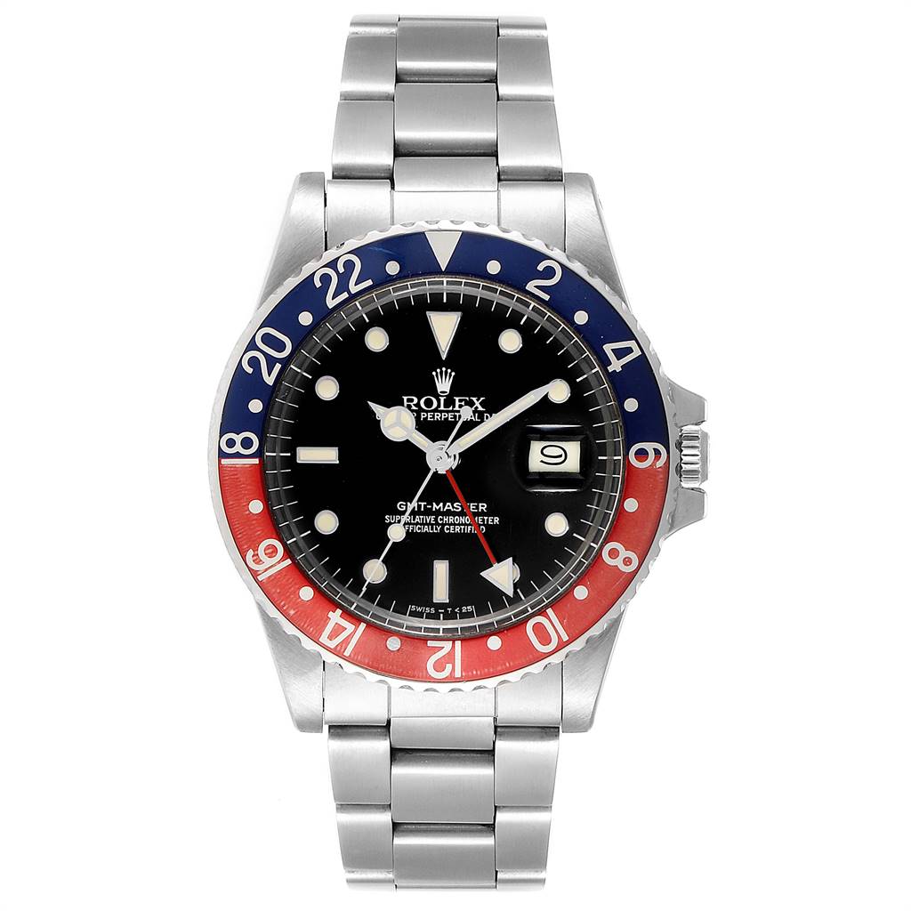 The image shows a front view of a Rolex Vintage Collection 16750 Men
s Stainless Steel Black Dial 16750 Men
s Stainless Steel Black Dial GMT-Master watch with a two-tone bezel and stainless steel bracelet.