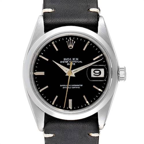 Photo of Rolex Date Smooth Bezel Black Dial Steel Vintage Mens Watch 1500