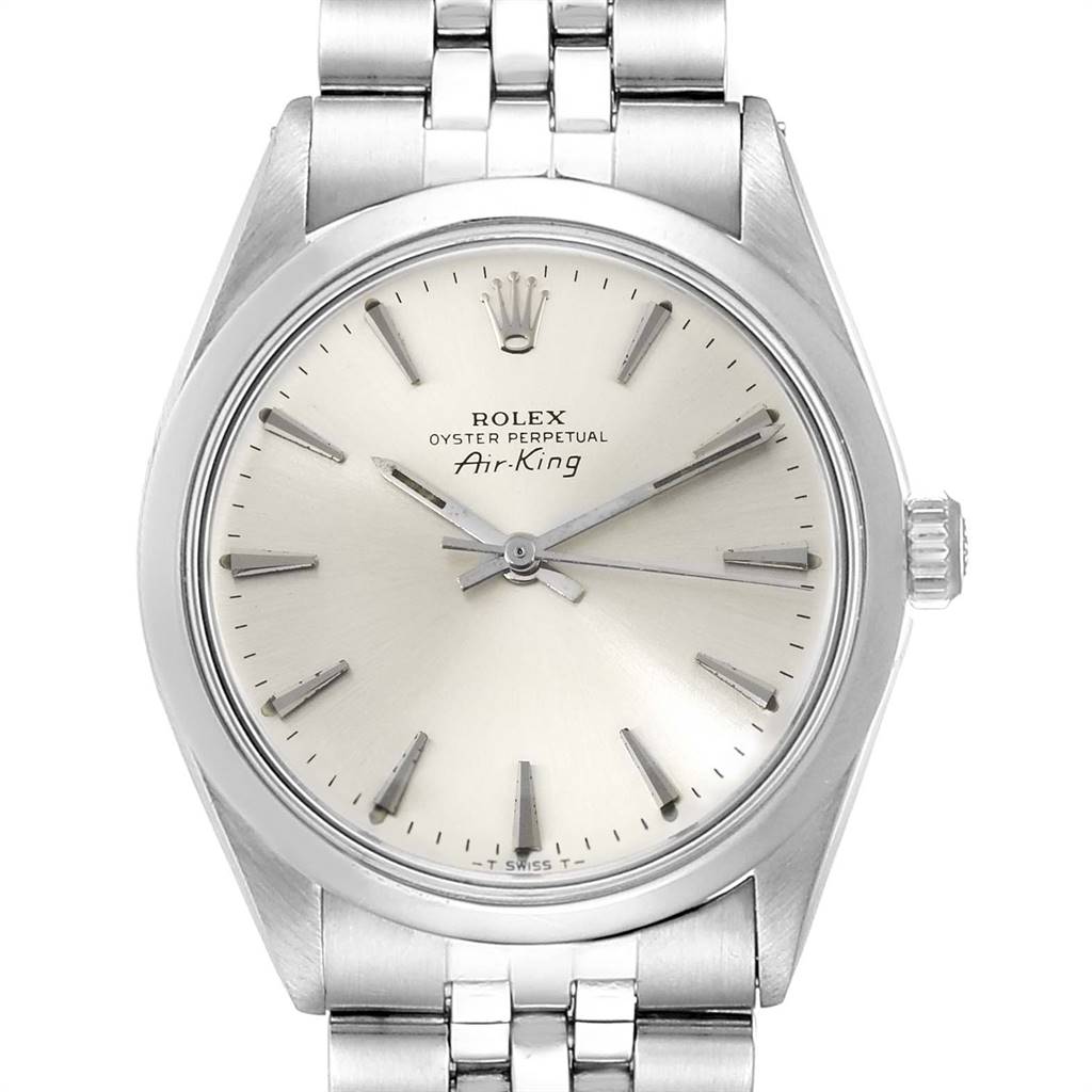 The image shows a front view of the Rolex Vintage Collection 5500 Men
s Stainless Steel Silver Dial 5500 Men
s Stainless Steel Silver Dial Air-King, showcasing the dial, hands, and part of the bracelet.