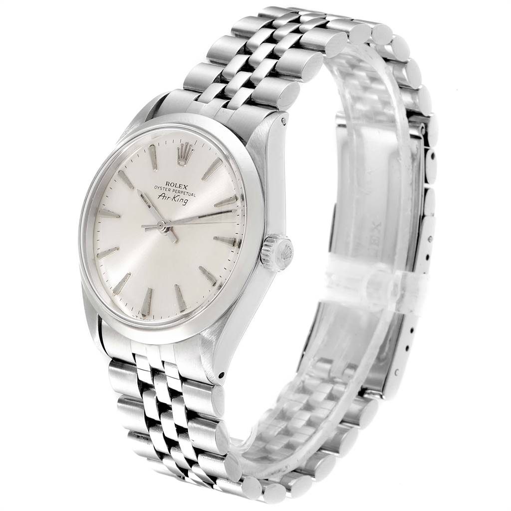 This image shows a side angle of a Rolex Vintage Collection 5500 Men
s Stainless Steel Silver Dial 5500 Men
s Stainless Steel Silver Dial Air-King watch, highlighting the dial, case, and metal bracelet.