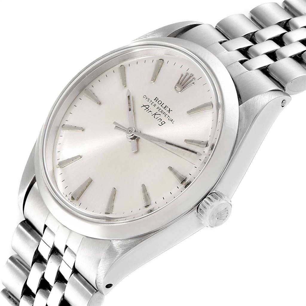 The Rolex Vintage Collection 5500 Men
s Stainless Steel Silver Dial 5500 Men
s Stainless Steel Silver Dial model watch is shown at an angled view, highlighting the face, bezel, and part of the bracelet.