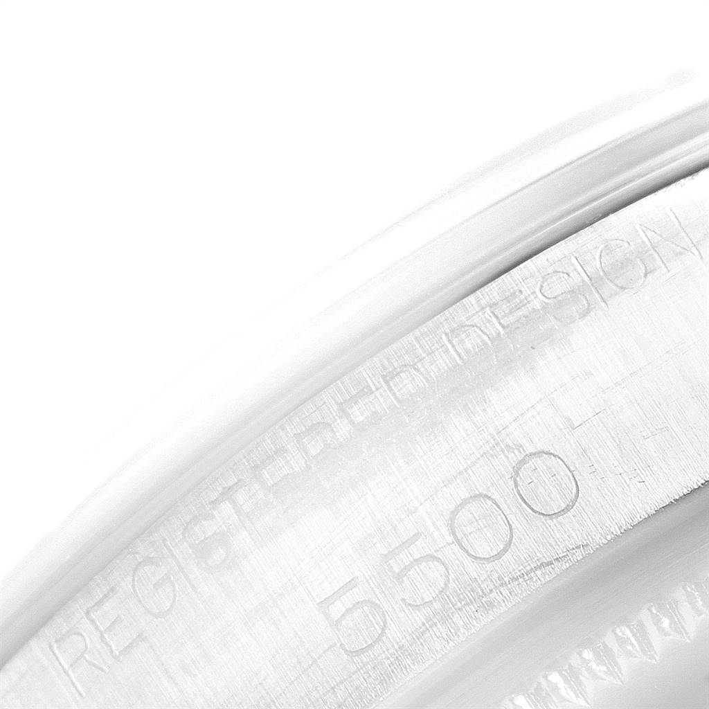 The image shows a close-up angle of the caseback with engraved serial number "5500" of the Rolex Vintage Collection 5500 Men
s Stainless Steel Silver Dial 5500 Men
s Stainless Steel Silver Dial model.