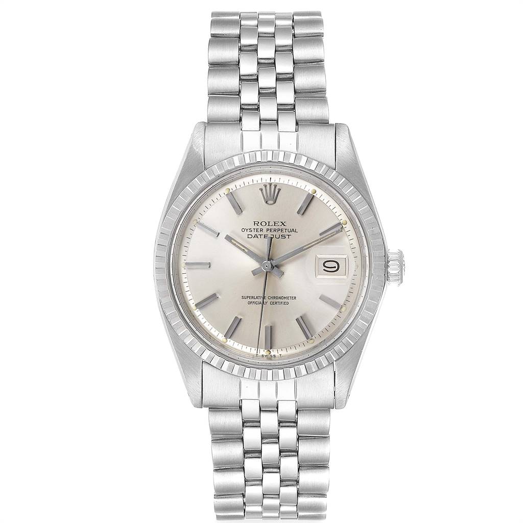 The image shows a front view of the Rolex Vintage Collection 1601 Men
s Stainless Steel Silver Dial 1601 Men
s Stainless Steel Silver Dial watch, highlighting its face, bezel, crown, and bracelet.