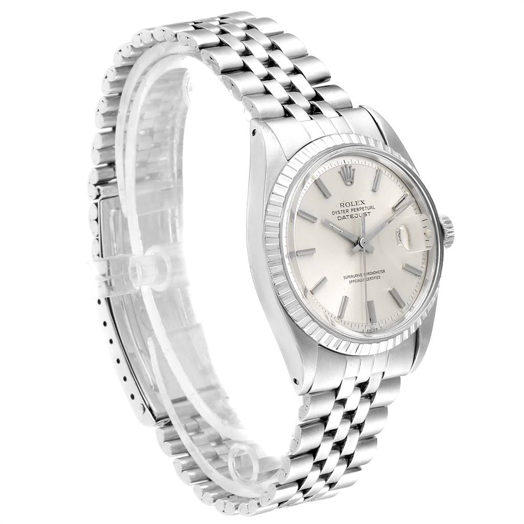 The photo shows the Rolex Vintage Collection 1601 Men
s Stainless Steel Silver Dial 1601 Men
s Stainless Steel Silver Dial watch at a three-quarter angle, highlighting the dial, case, and jubilee bracelet.