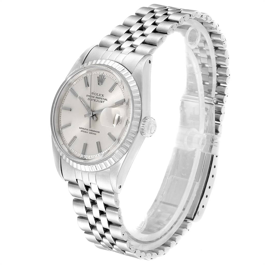 The image shows a side angle of the Rolex Vintage Collection 1601 Men
s Stainless Steel Silver Dial 1601 Men
s Stainless Steel Silver Dial watch, displaying its face, bezel, and bracelet.