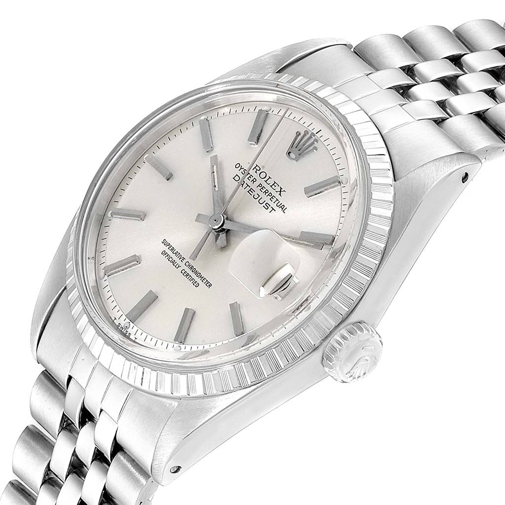 The Rolex Vintage Collection 1601 Men
s Stainless Steel Silver Dial 1601 Men
s Stainless Steel Silver Dial watch is shown at an angle highlighting the face, bracelet, crown, and date window.