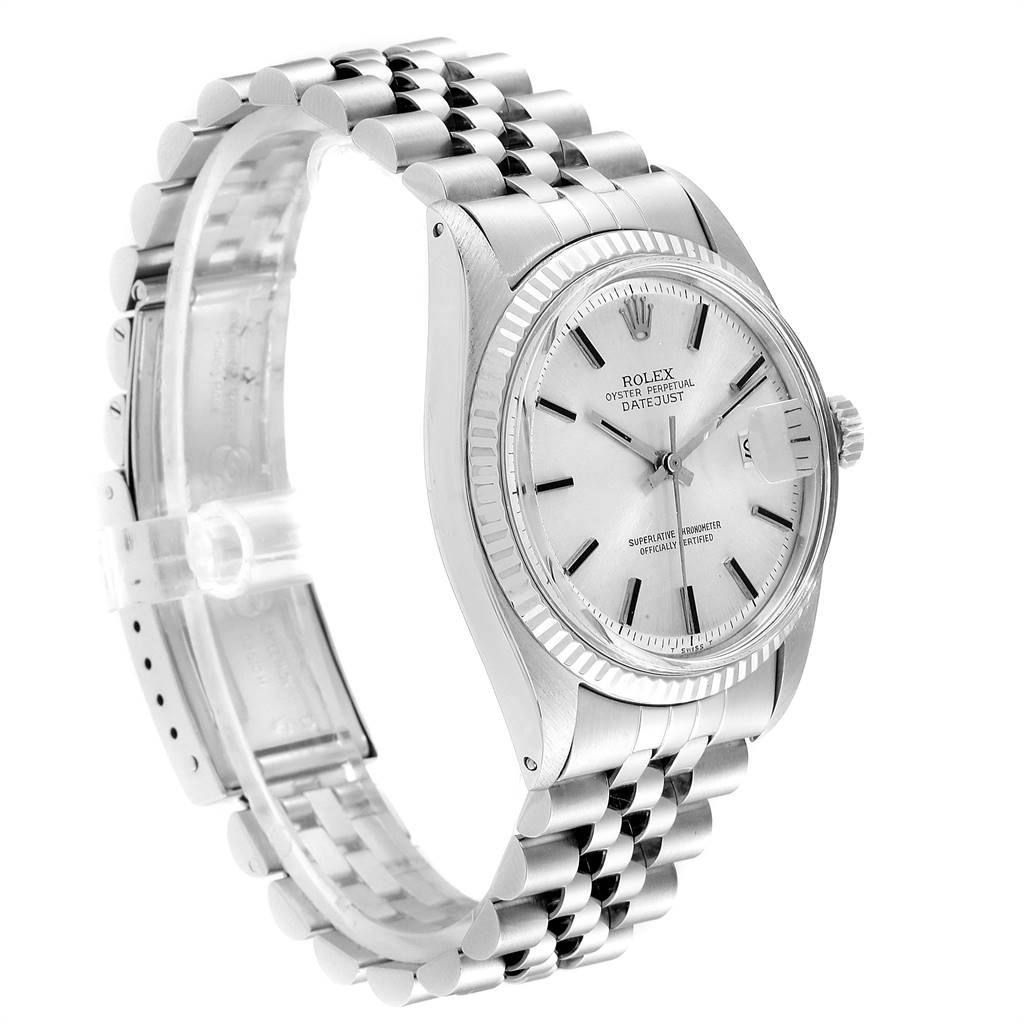 The image shows a Rolex Vintage Collection 1601 Men
s Stainless Steel Silver Dial 1601 Men
s Stainless Steel Silver Dial model from an angled side view, featuring its case, dial, crown, and bracelet.