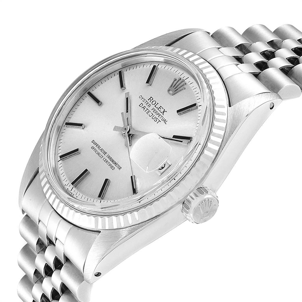 The image shows a close-up angle of the Rolex Vintage Collection 1601 Men
s Stainless Steel Silver Dial 1601 Men
s Stainless Steel Silver Dial watch, displaying the face, bezel, crown, and part of the bracelet.