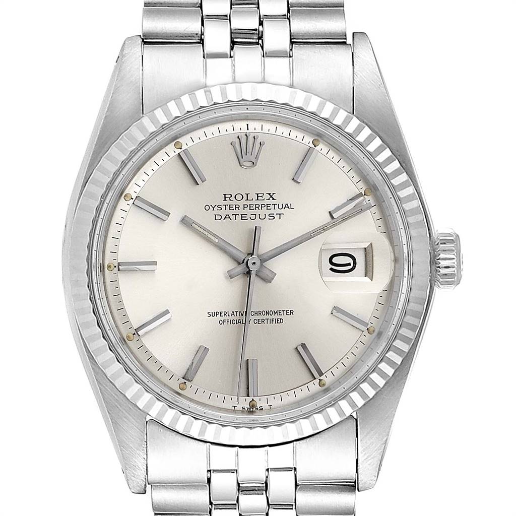 The image shows a frontal view of a Rolex Oyster Perpetual Datejust from the Vintage Collection, highlighting the face, bezel, and bracelet.