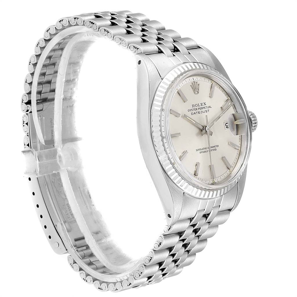 The image shows a side angle of a Rolex Vintage Collection 1601 Men's Stainless Steel Silver Dial 1601 Men's Stainless Steel Silver Dial model, showcasing the case, dial, bezel, and bracelet.