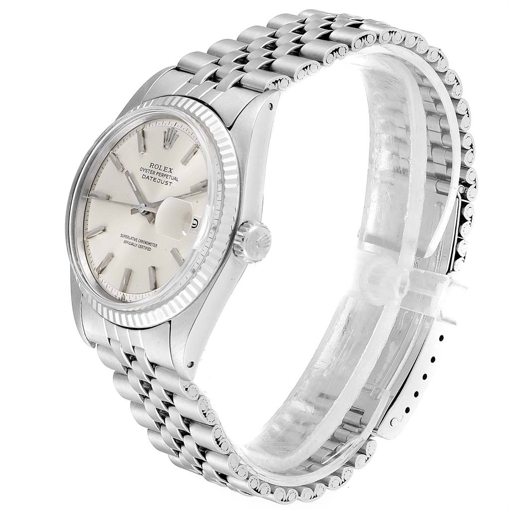 This is a side angle view of the Rolex Vintage Collection 1601 Men's Stainless Steel Silver Dial 1601 Men's Stainless Steel Silver Dial model, showcasing the dial, case, crown, and bracelet.