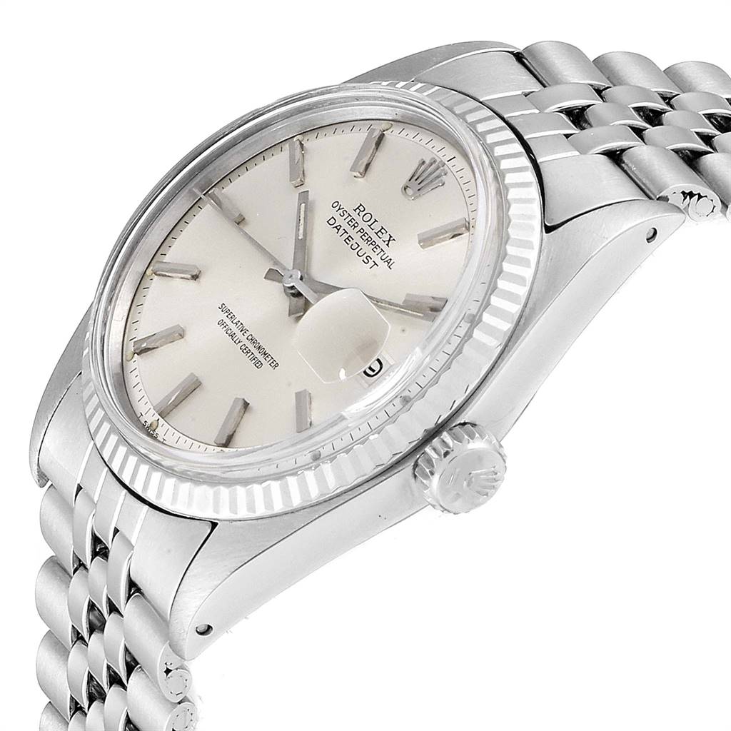 The Rolex Vintage Collection 1601 Men's Stainless Steel Silver Dial 1601 Men's Stainless Steel Silver Dial watch is shown from a side angle, highlighting the face, bezel, and part of the bracelet.