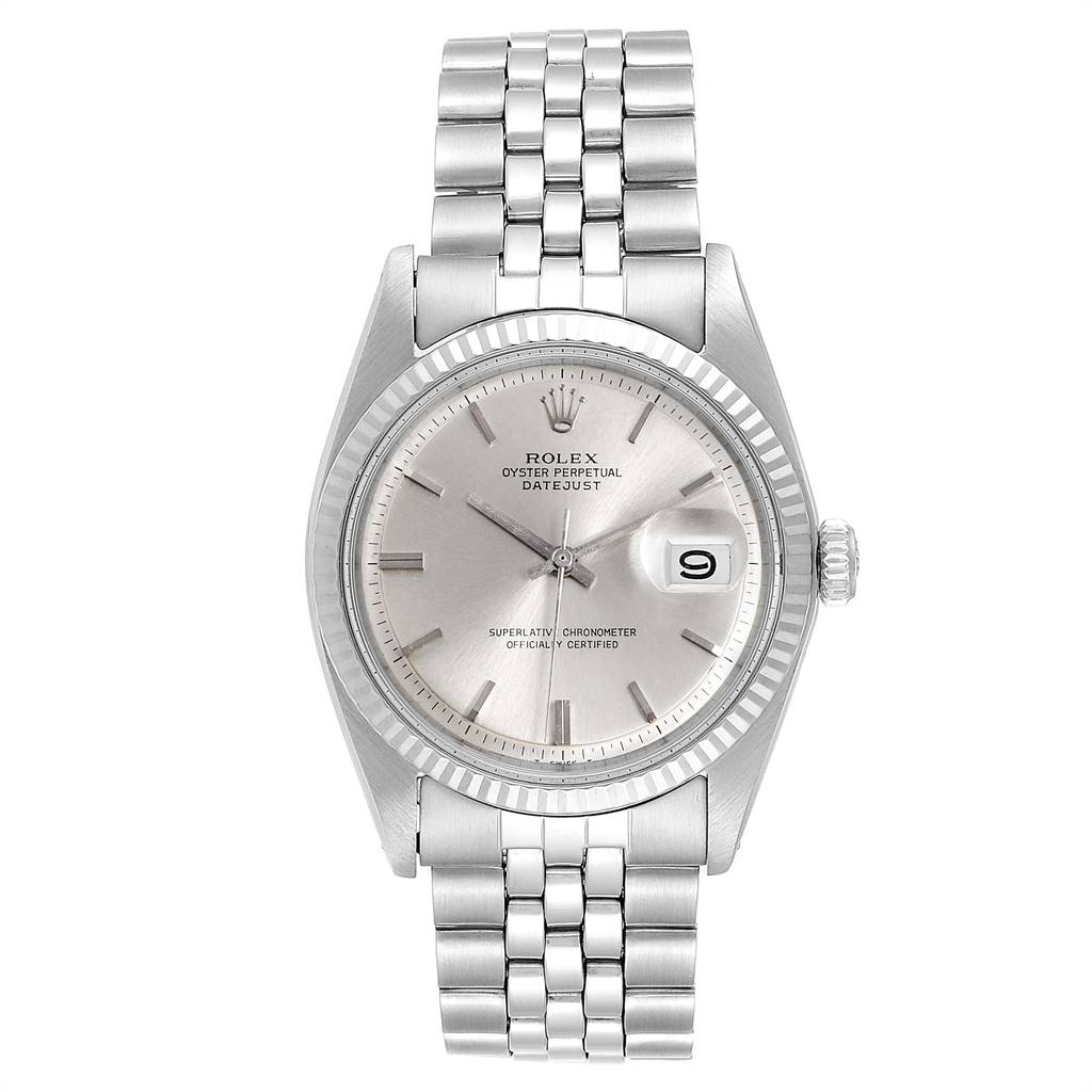 The image shows a front view of the Rolex Vintage Collection 1601 Men's Stainless Steel Silver Dial 1601 Men's Stainless Steel Silver Dial Datejust watch, displaying its silver dial, date window, and bracelet.