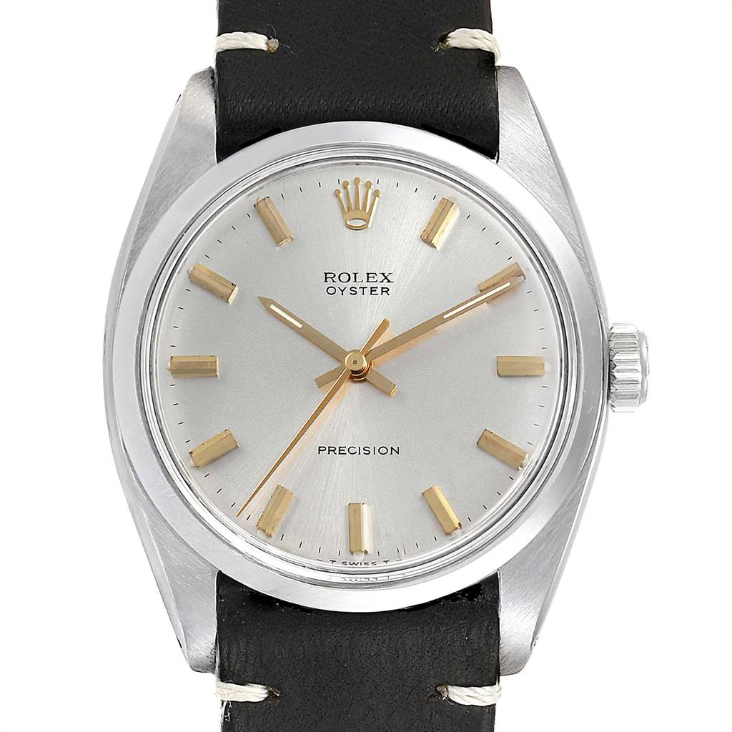 The image shows a front view of the Rolex Vintage Collection 6426 Men
s Stainless Steel Silver Dial 6426 Men
s Stainless Steel Silver Dial model, highlighting its dial, hands, crown, and leather strap.