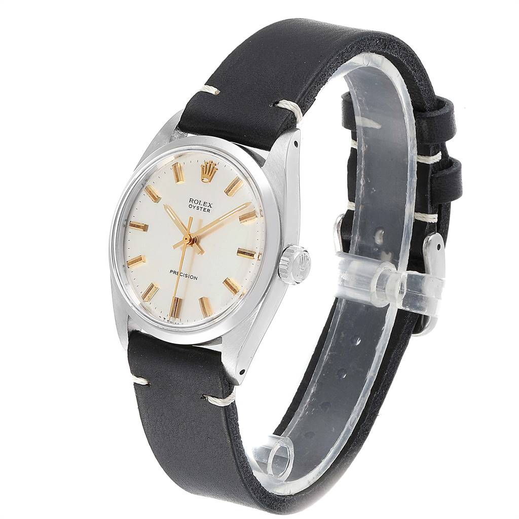 The Rolex Vintage Collection 6426 Men
s Stainless Steel Silver Dial 6426 Men
s Stainless Steel Silver Dial model is shown at an oblique angle, displaying the dial, hands, case, and leather strap.