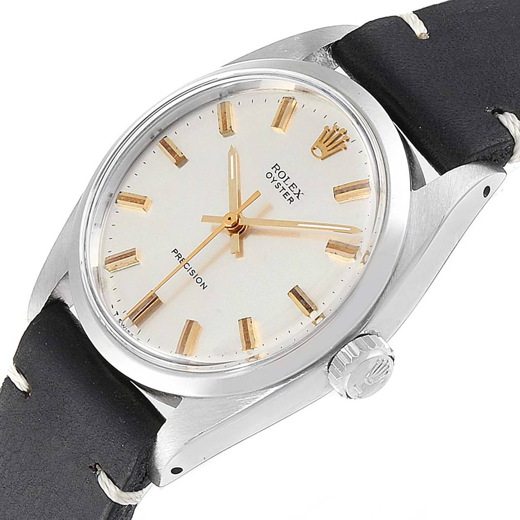 The image shows a close-up, angled view of the Rolex Vintage Collection 6426 Men
s Stainless Steel Silver Dial 6426 Men
s Stainless Steel Silver Dial watch, highlighting the dial, crown, and strap.