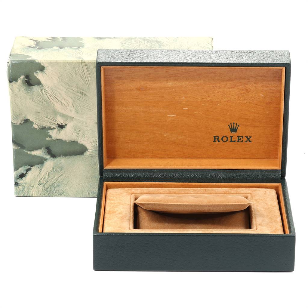 The image shows an open Rolex Vintage Collection 15238 Men's Yellow Gold Champagne Dial 15238 Men's Yellow Gold Champagne Dial watch box and its outer packaging, photographed from the front.