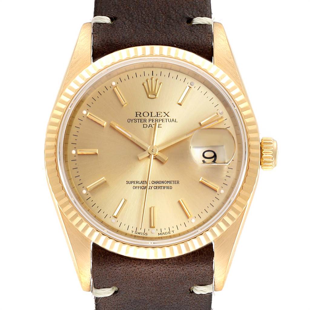 The image shows a front view of a Rolex Vintage Collection 15238 Men's Yellow Gold Champagne Dial 15238 Men's Yellow Gold Champagne Dial watch with a gold dial, date window, and brown leather strap.