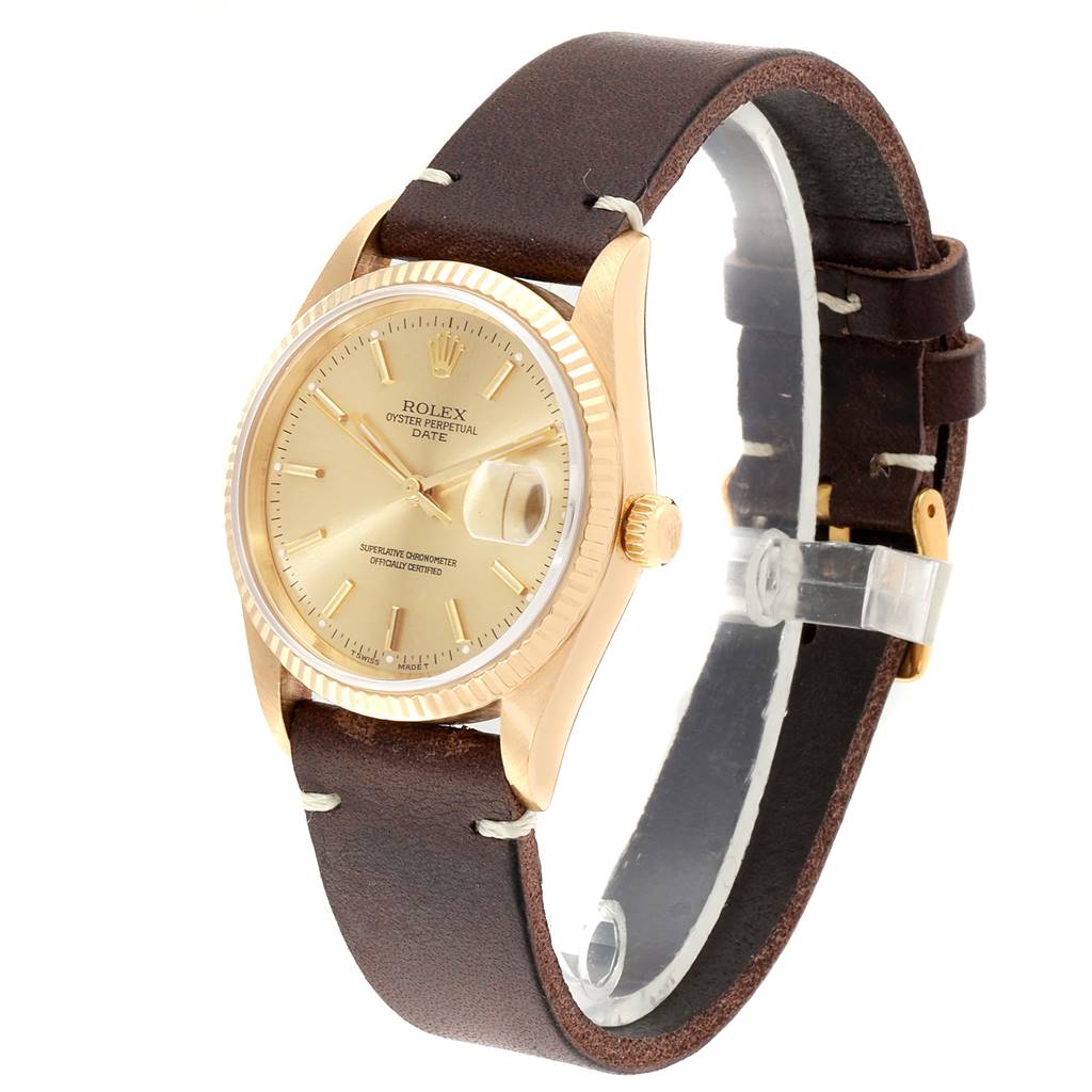 The Rolex Vintage Collection 15238 Men's Yellow Gold Champagne Dial 15238 Men's Yellow Gold Champagne Dial model watch is shown at a slight angle, displaying the face, bezel, crown, and leather strap.