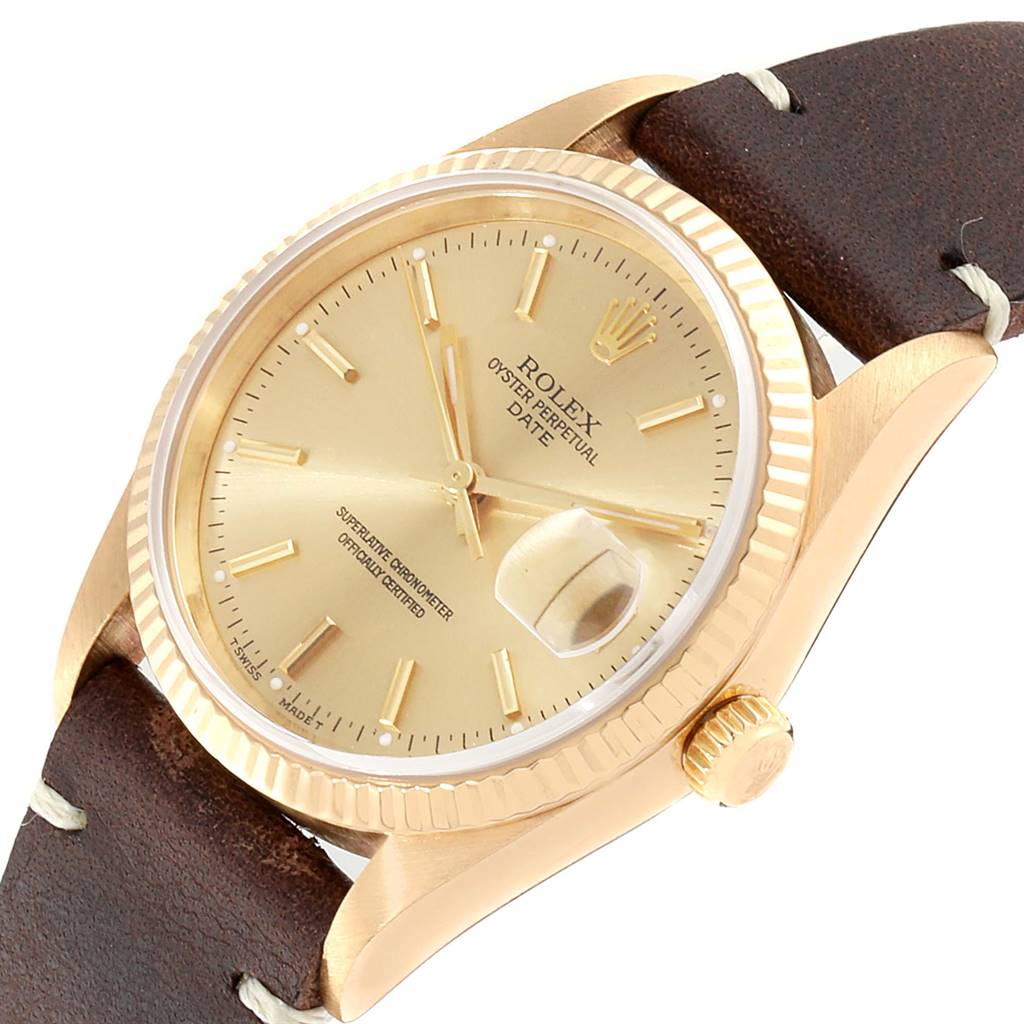 This image shows a close-up of the Rolex Vintage Collection 15238 Men's Yellow Gold Champagne Dial 15238 Men's Yellow Gold Champagne Dial watch, highlighting the face, bezel, crown, and leather strap.