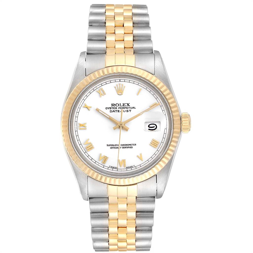 This image shows a front view of the Rolex Vintage Collection 16013 Men's Stainless Steel White Dial 16013 Men's Stainless Steel White Dial watch model featuring a two-tone band and a white dial with gold accents.