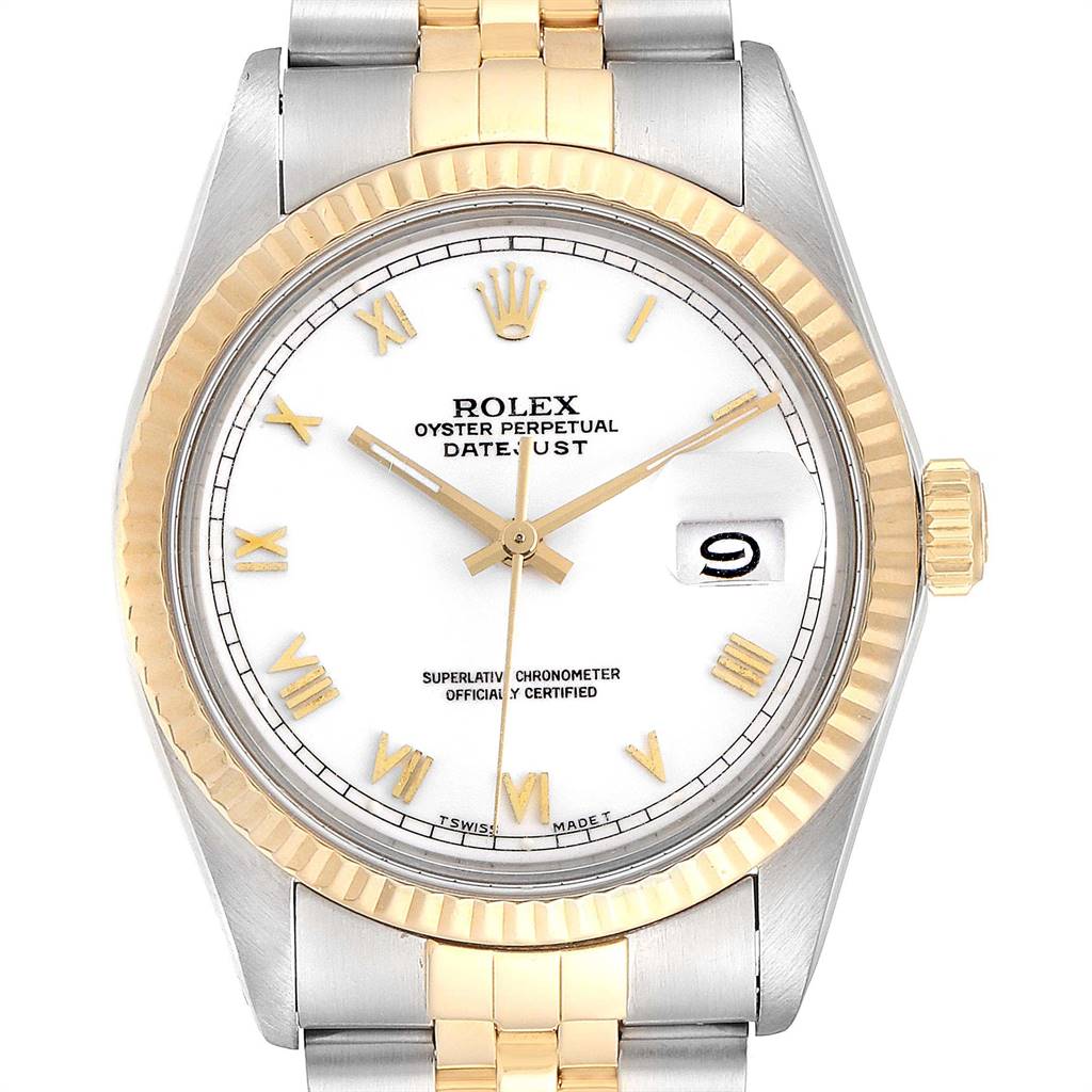 The image shows the front view of a Rolex Vintage Collection 16013 Men's Stainless Steel White Dial 16013 Men's Stainless Steel White Dial Datejust watch, displaying the face, bezel, and part of the bracelet.