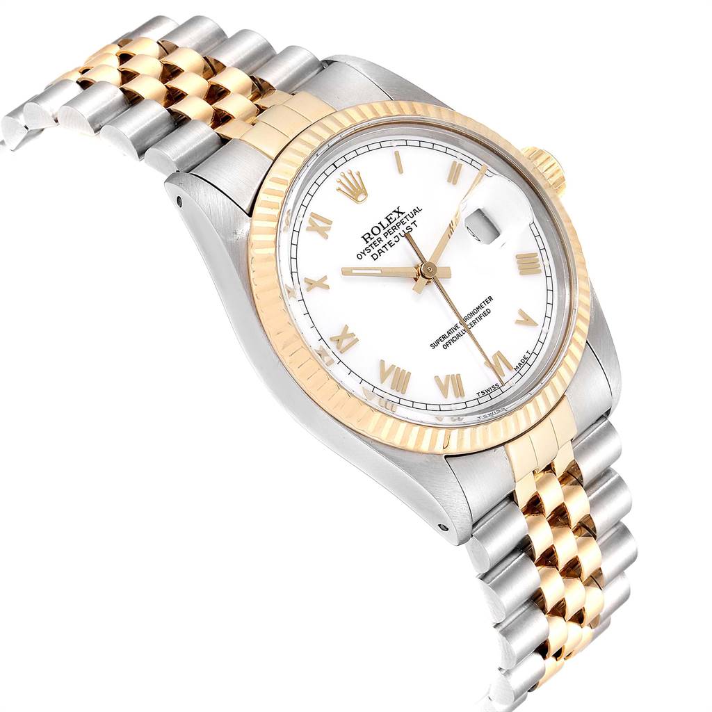 A angled view of the Rolex Vintage Collection 16013 Men's Stainless Steel White Dial 16013 Men's Stainless Steel White Dial watch showing its white dial, gold fluted bezel, and two-tone metal bracelet.
