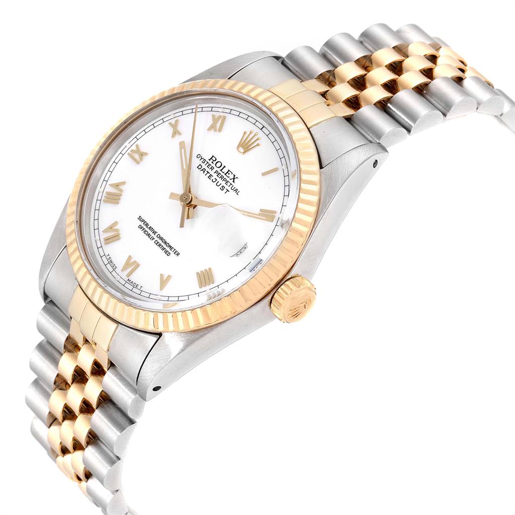 The image shows a Rolex Vintage Collection 16013 Men's Stainless Steel White Dial 16013 Men's Stainless Steel White Dial watch from an angled side view, highlighting the dial, bezel, crown, and part of the bracelet.