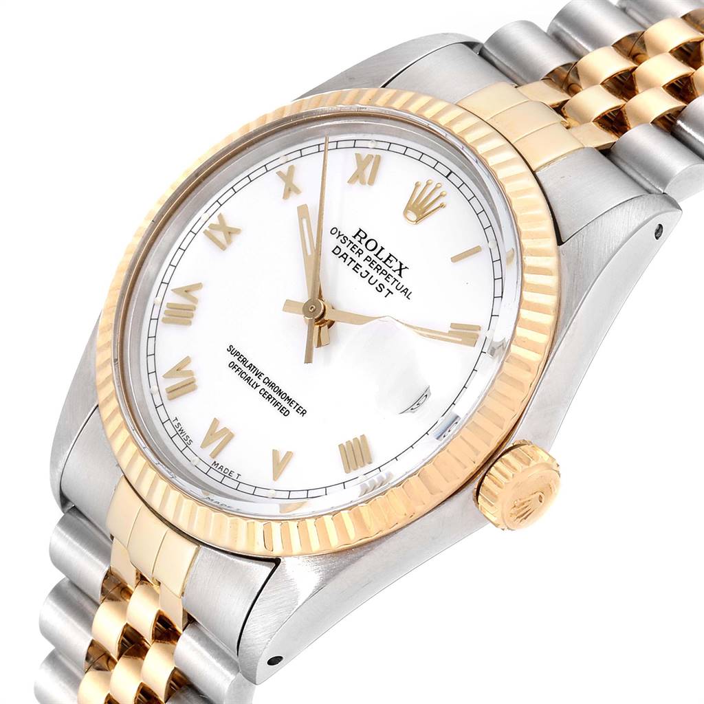 This image shows a close-up, front-left angled view of the Rolex Vintage Collection 16013 Men's Stainless Steel White Dial 16013 Men's Stainless Steel White Dial watch with its face, bezel, crown, and bracelet visible.