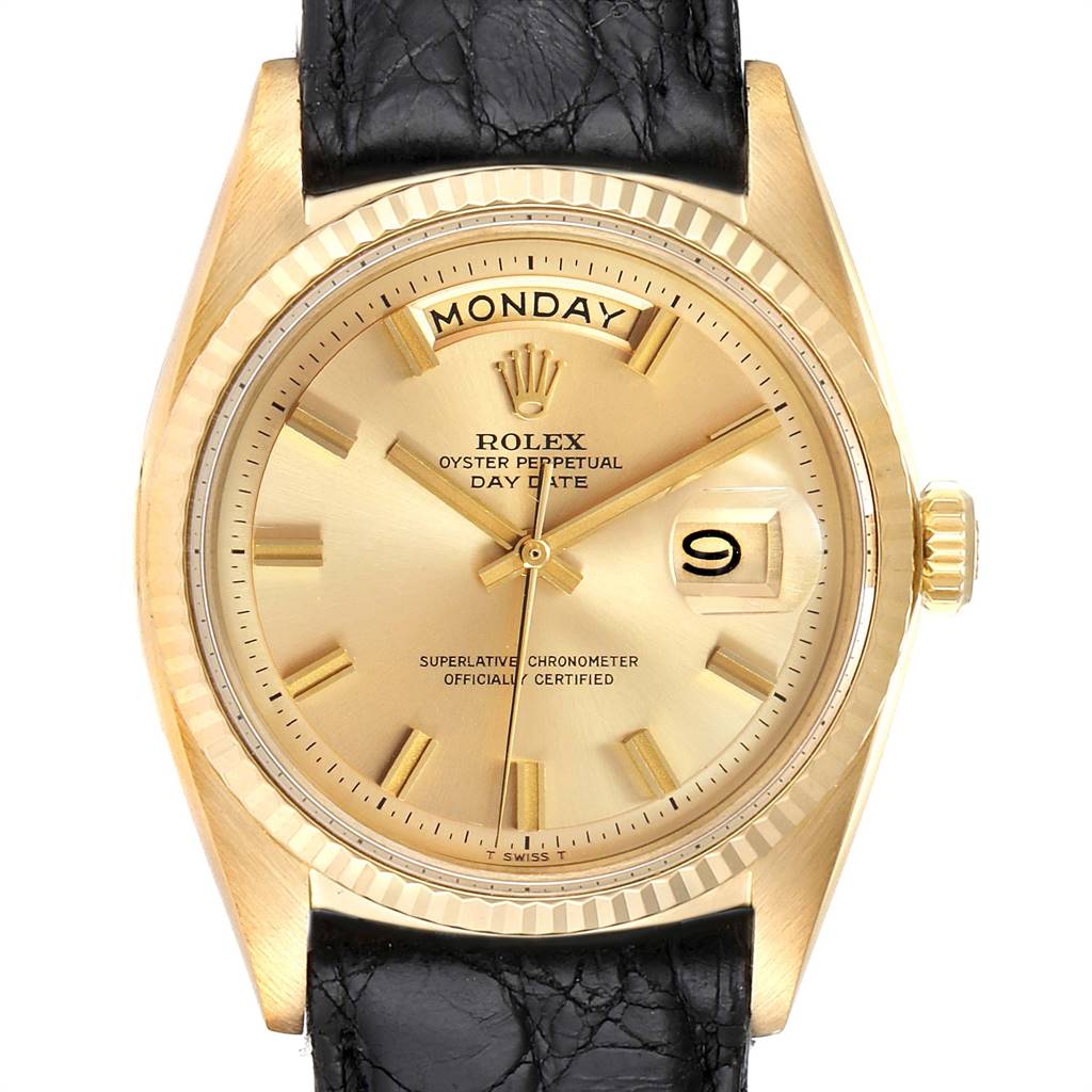 This is a front view of the Rolex Vintage Collection 1803 Men's Yellow Gold Champagne Dial 1803 Men's Yellow Gold Champagne Dial Day-Date model, showcasing its dial, crown, bezel, and leather strap.