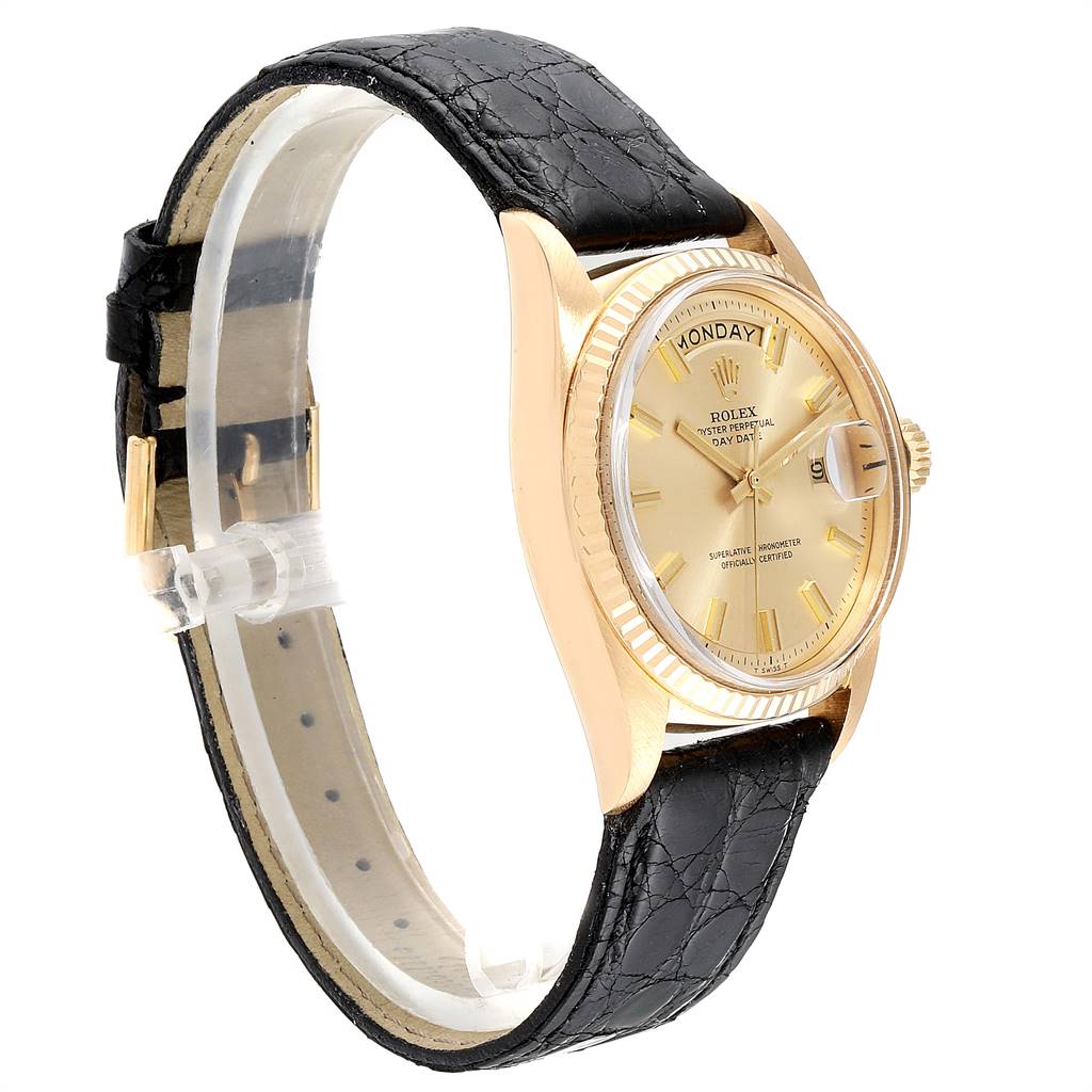 This image shows a side view of the Rolex Vintage Collection 1803 Men's Yellow Gold Champagne Dial 1803 Men's Yellow Gold Champagne Dial model watch, highlighting its black leather strap and gold dial.